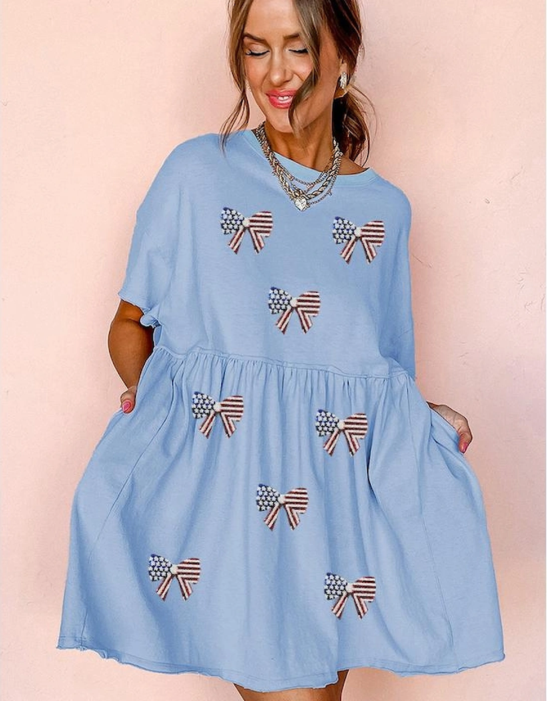 Sky Blue Star and Stripes Sequin Bow Patched T Shirt Babydoll Dress, 7 of 6