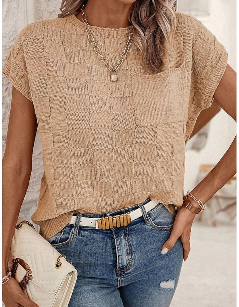 Smoke Gray Lattice Textured Knit Short Sleeve Sweater