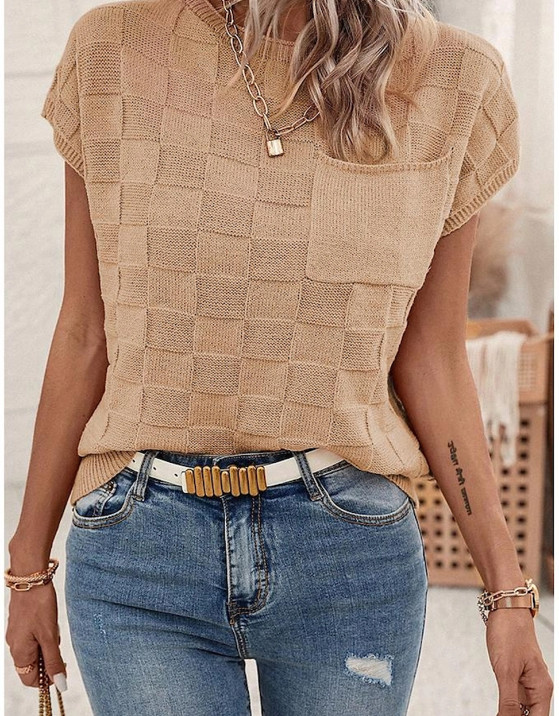 Smoke Gray Lattice Textured Knit Short Sleeve Sweater