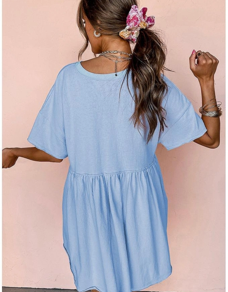 Sky Blue Star and Stripes Sequin Bow Patched T Shirt Babydoll Dress