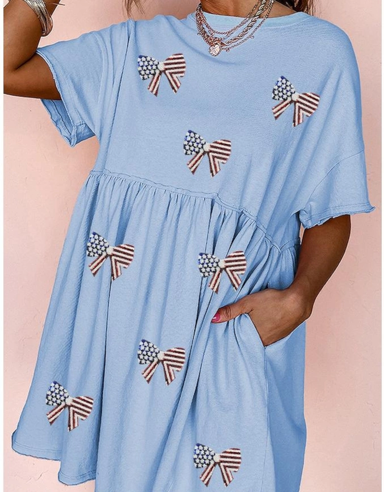 Sky Blue Star and Stripes Sequin Bow Patched T Shirt Babydoll Dress