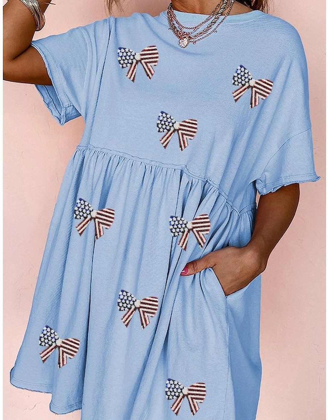 Sky Blue Star and Stripes Sequin Bow Patched T Shirt Babydoll Dress
