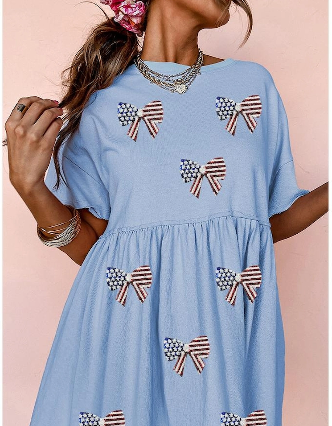Sky Blue Star and Stripes Sequin Bow Patched T Shirt Babydoll Dress