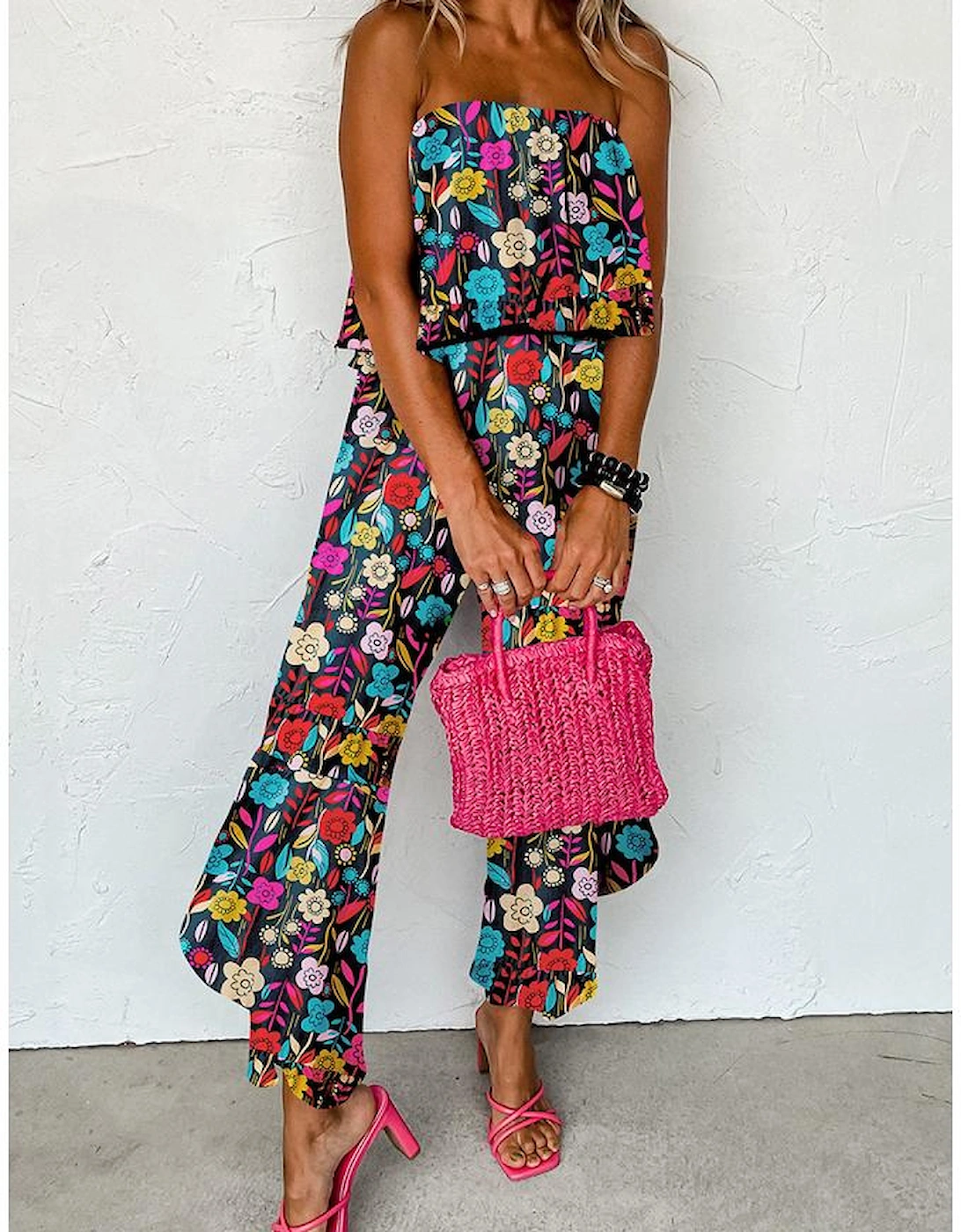 Red Mix Tropical Print Strapless Ruffled Jumpsuit