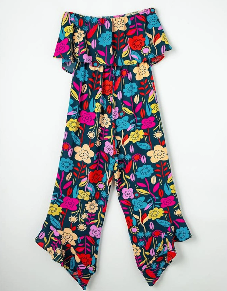 Red Mix Tropical Print Strapless Ruffled Jumpsuit