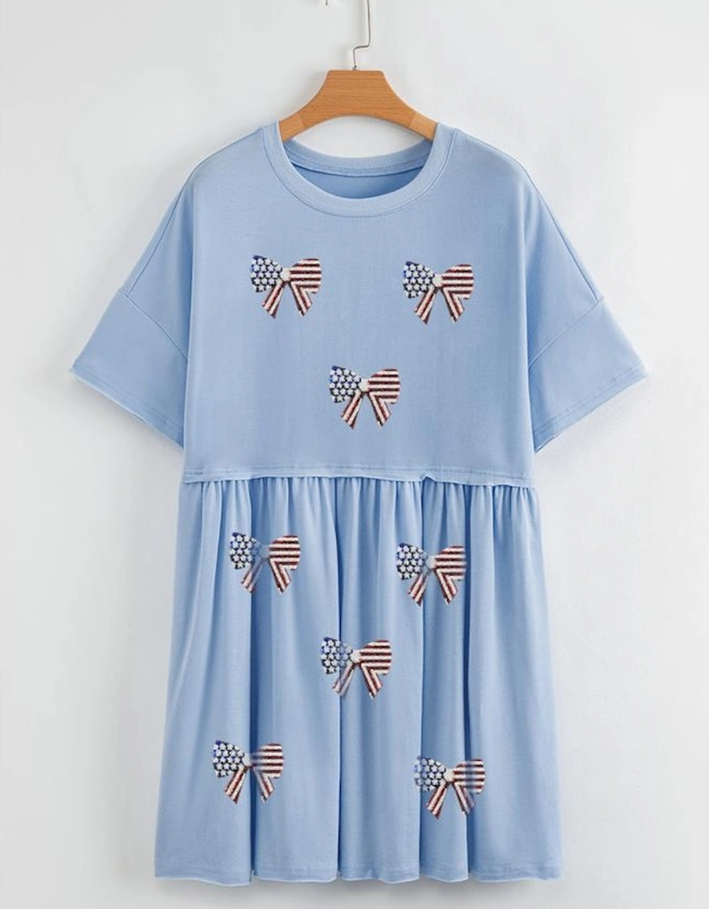 Sky Blue Star and Stripes Sequin Bow Patched T Shirt Babydoll Dress