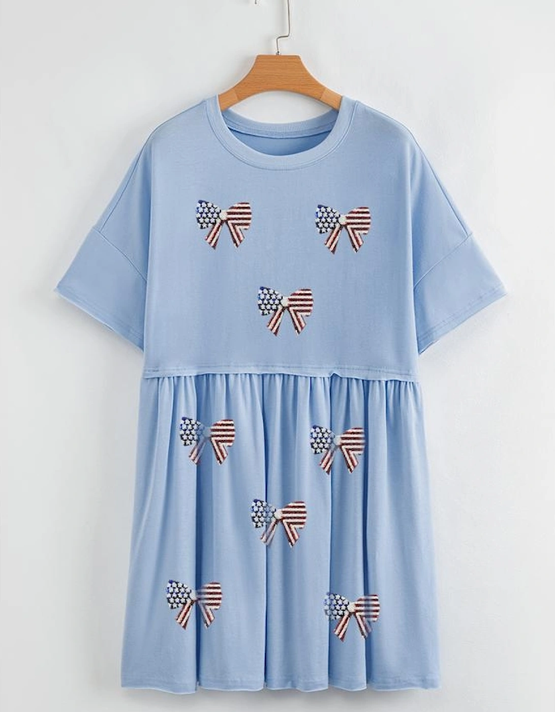 Sky Blue Star and Stripes Sequin Bow Patched T Shirt Babydoll Dress