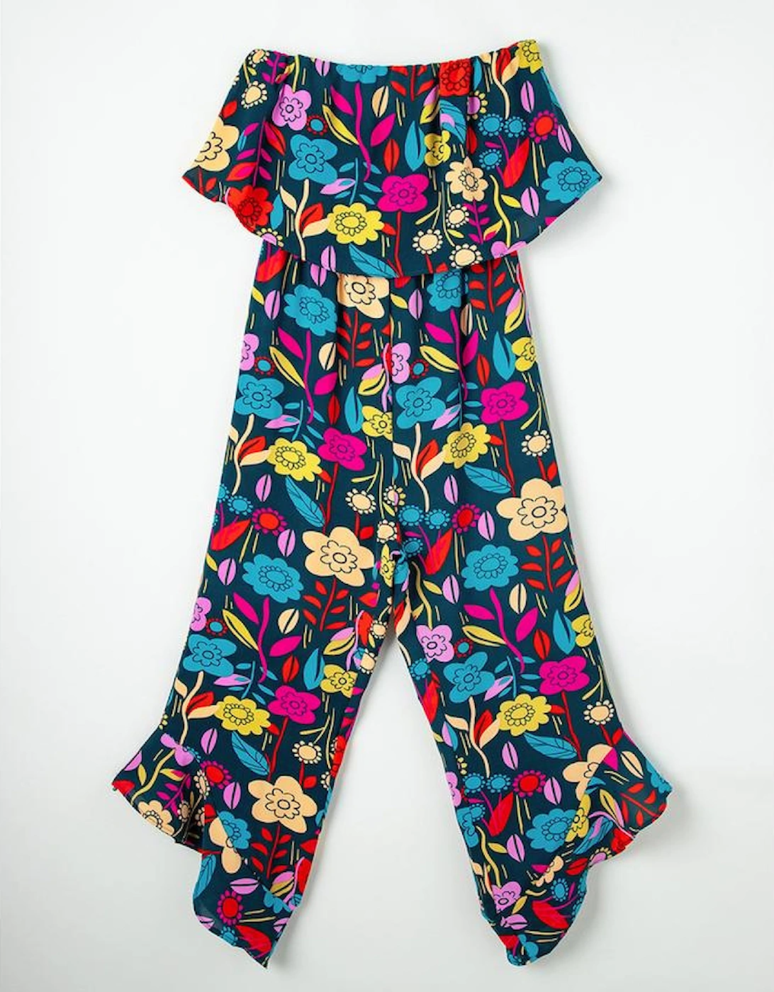 Red Mix Tropical Print Strapless Ruffled Jumpsuit