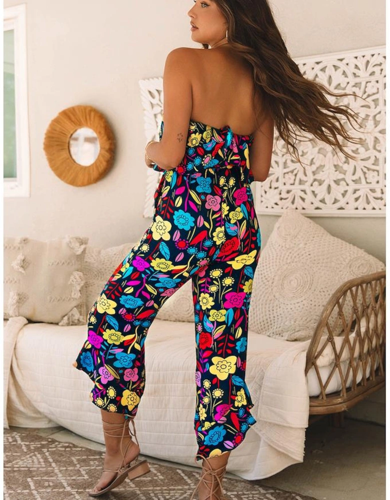 Red Mix Tropical Print Strapless Ruffled Jumpsuit
