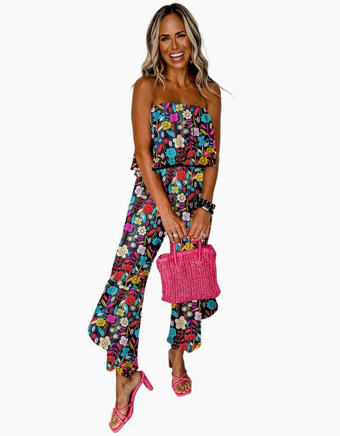 Red Mix Tropical Print Strapless Ruffled Jumpsuit