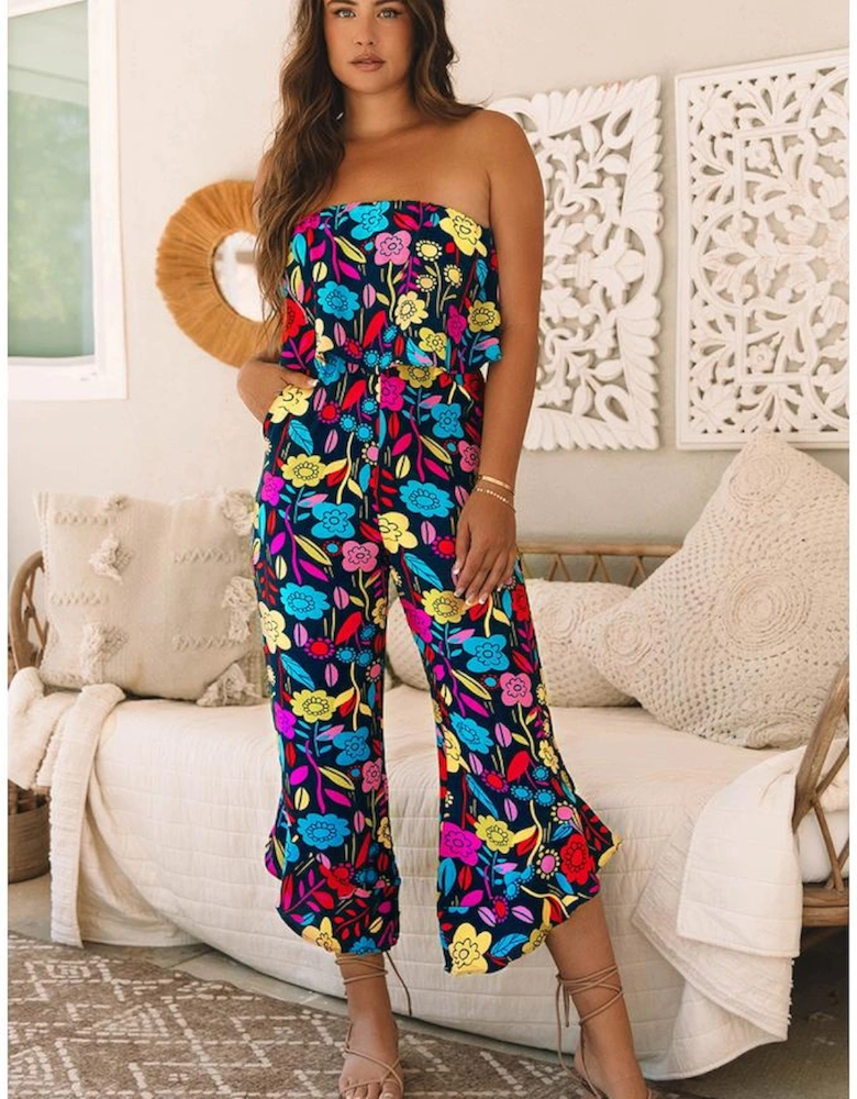 Red Mix Tropical Print Strapless Ruffled Jumpsuit