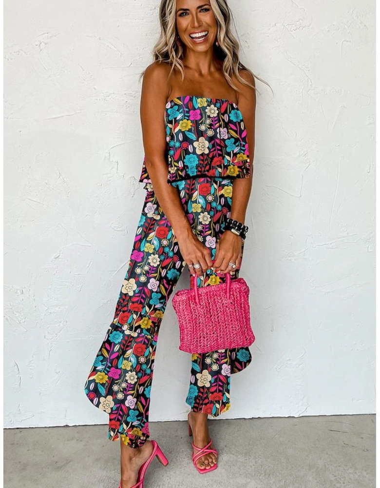Red Mix Tropical Print Strapless Ruffled Jumpsuit