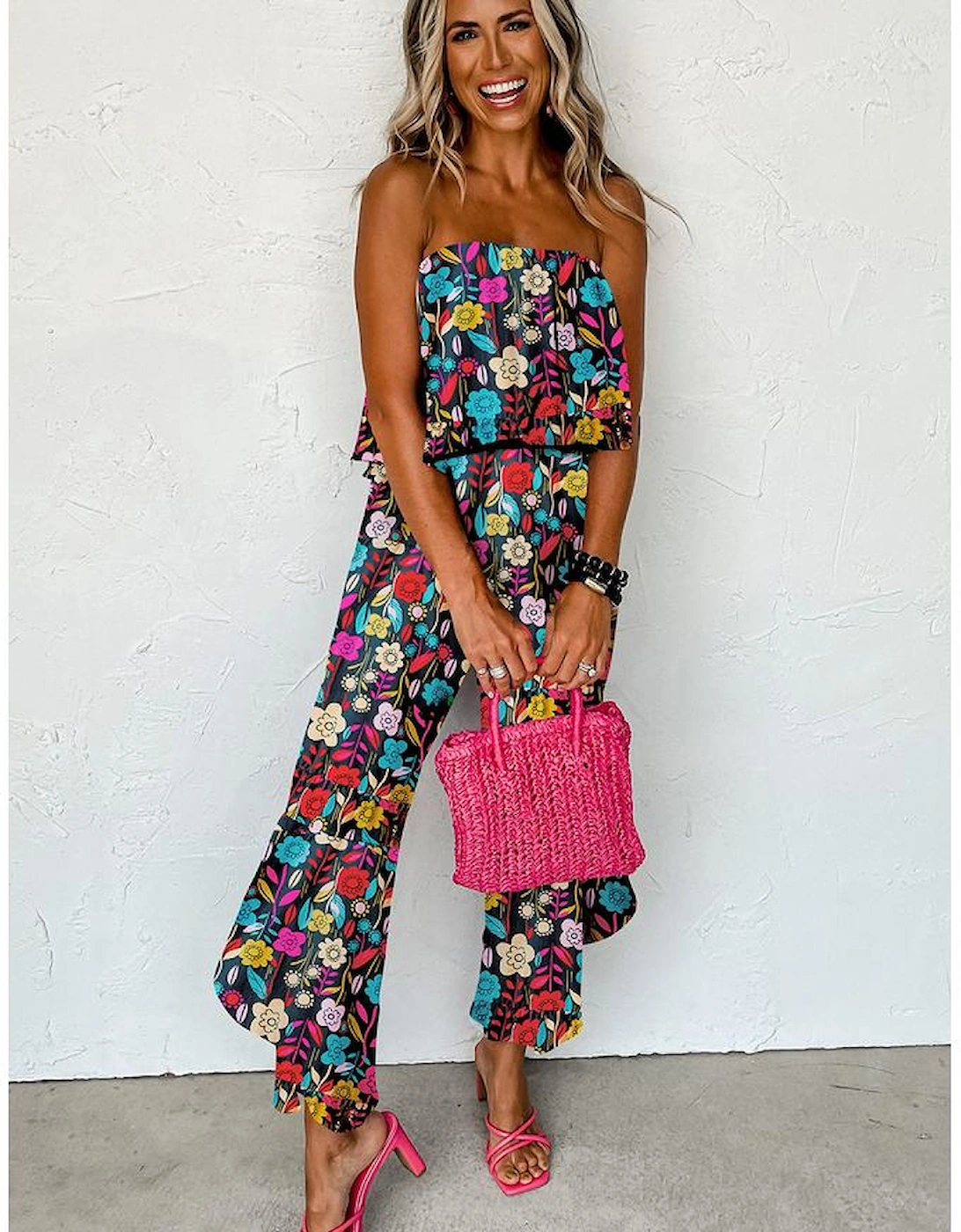 Red Mix Tropical Print Strapless Ruffled Jumpsuit