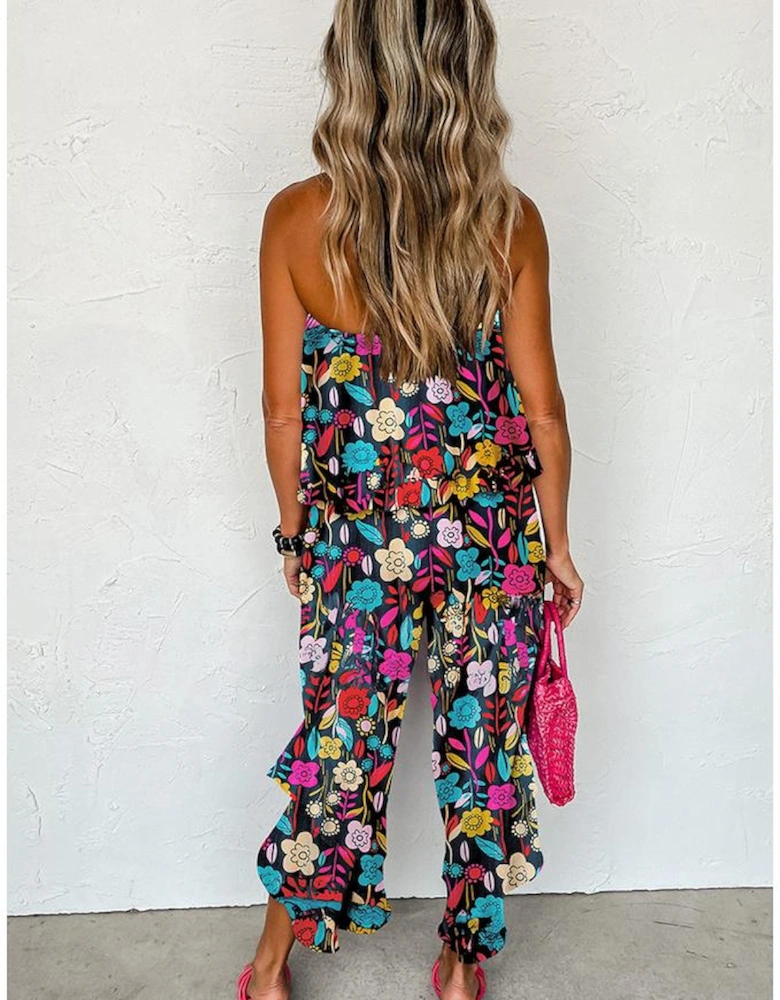 Red Mix Tropical Print Strapless Ruffled Jumpsuit