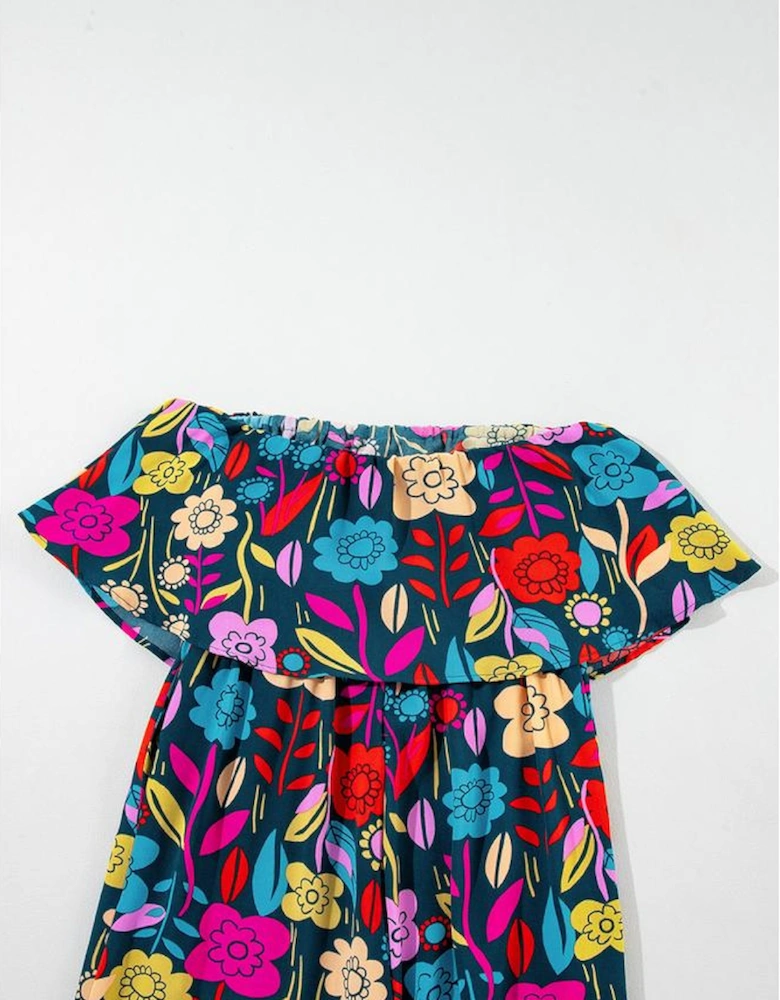 Red Mix Tropical Print Strapless Ruffled Jumpsuit