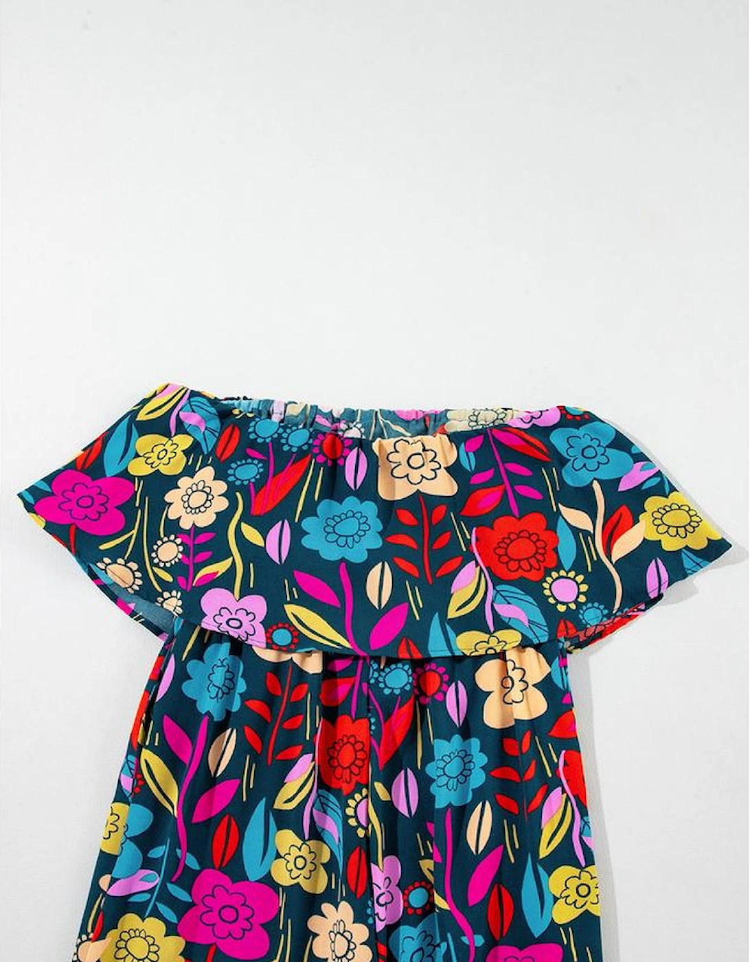 Red Mix Tropical Print Strapless Ruffled Jumpsuit