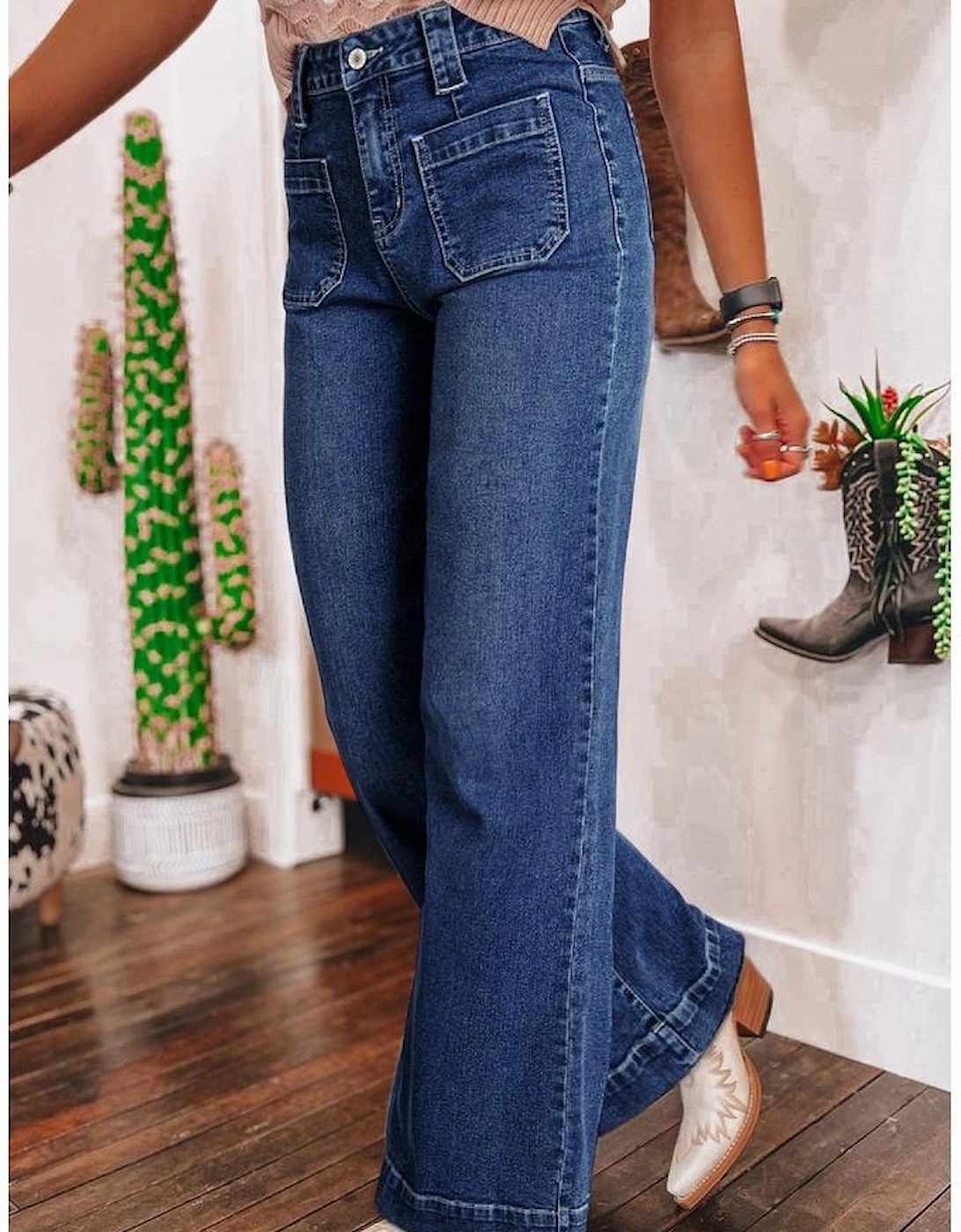 Sail Blue Wide Leg Pocketed High Waist Jeans