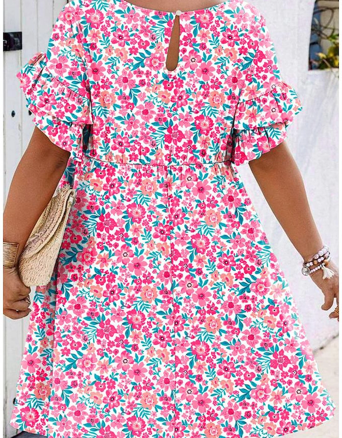 White Plus Size Floral Print Frilled Short Sleeve Flare Dress, 10 of 9