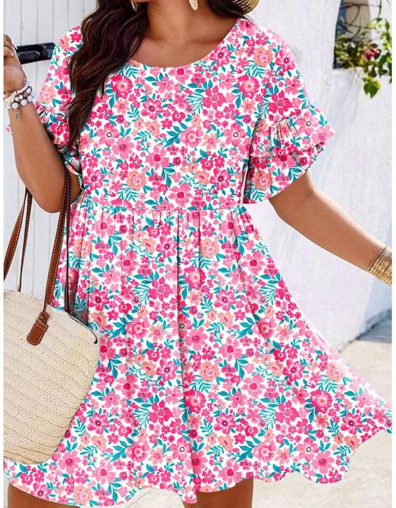 White Plus Size Floral Print Frilled Short Sleeve Flare Dress