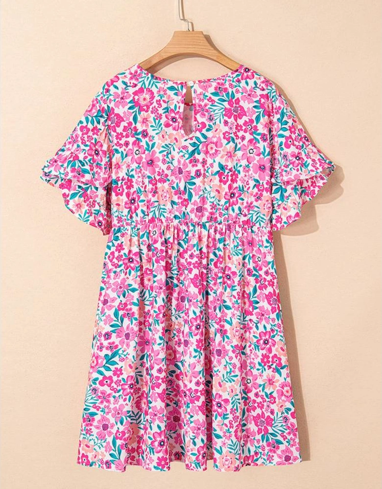 White Plus Size Floral Print Frilled Short Sleeve Flare Dress