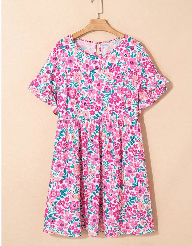 White Plus Size Floral Print Frilled Short Sleeve Flare Dress