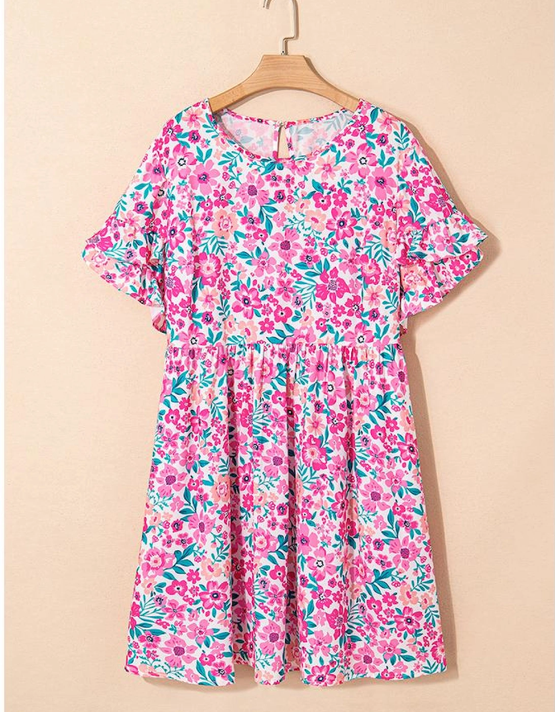 White Plus Size Floral Print Frilled Short Sleeve Flare Dress
