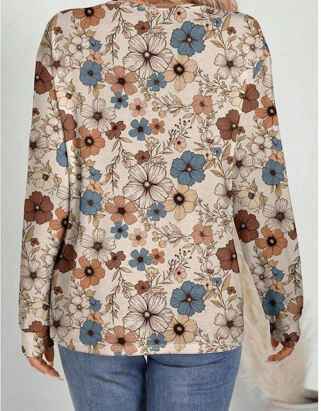 Khaki Floral Print Loose Crew Neck Long Sleeve T Shirt