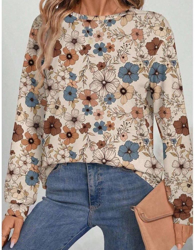 Khaki Floral Print Loose Crew Neck Long Sleeve T Shirt