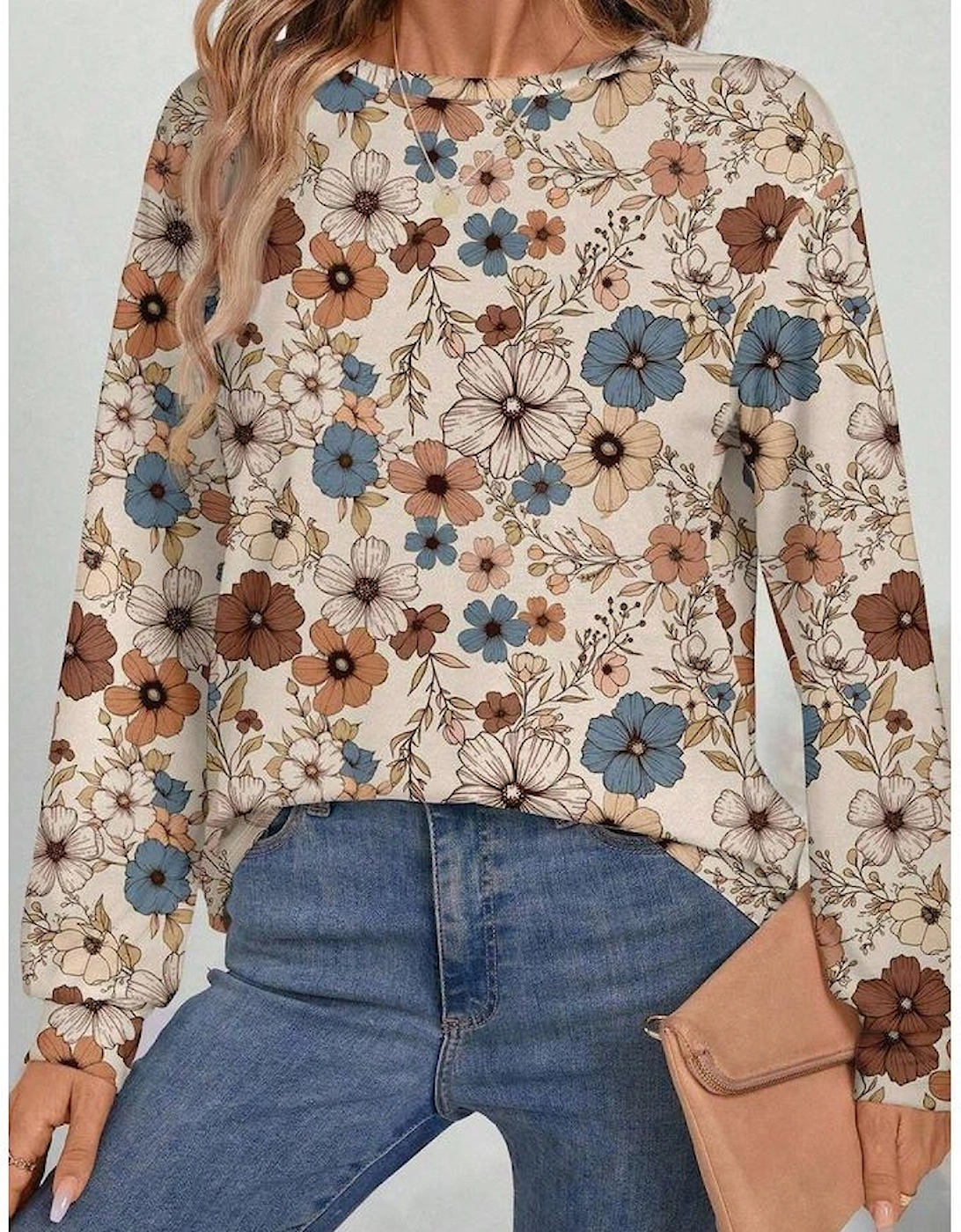Khaki Floral Print Loose Crew Neck Long Sleeve T Shirt, 11 of 10