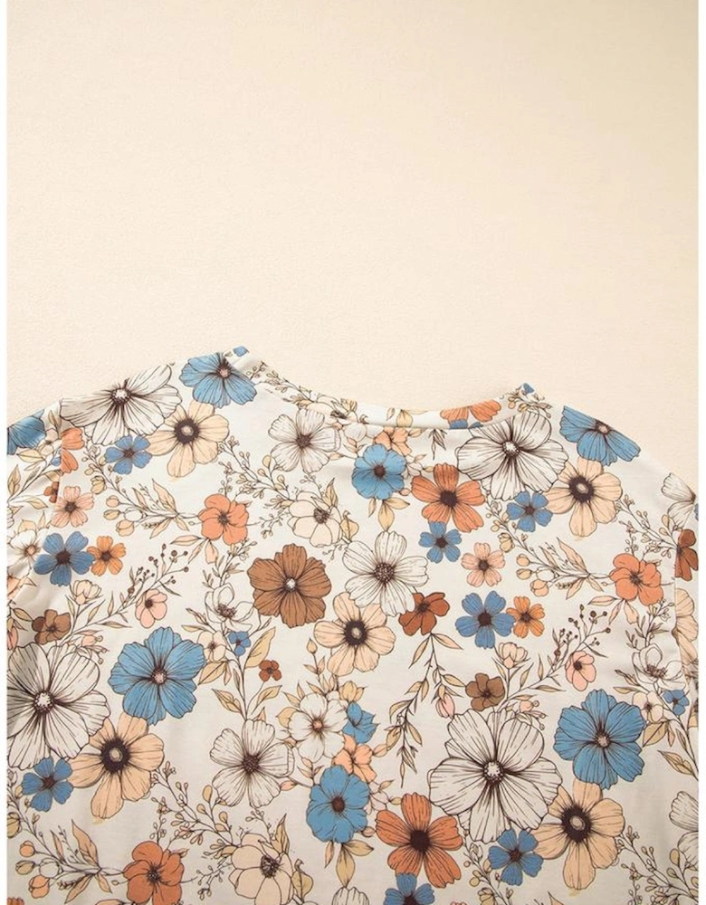 Khaki Floral Print Loose Crew Neck Long Sleeve T Shirt