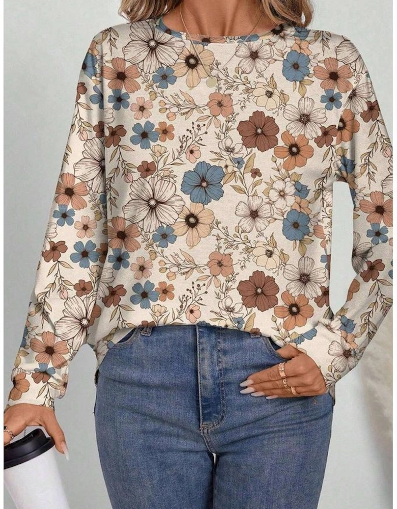Khaki Floral Print Loose Crew Neck Long Sleeve T Shirt