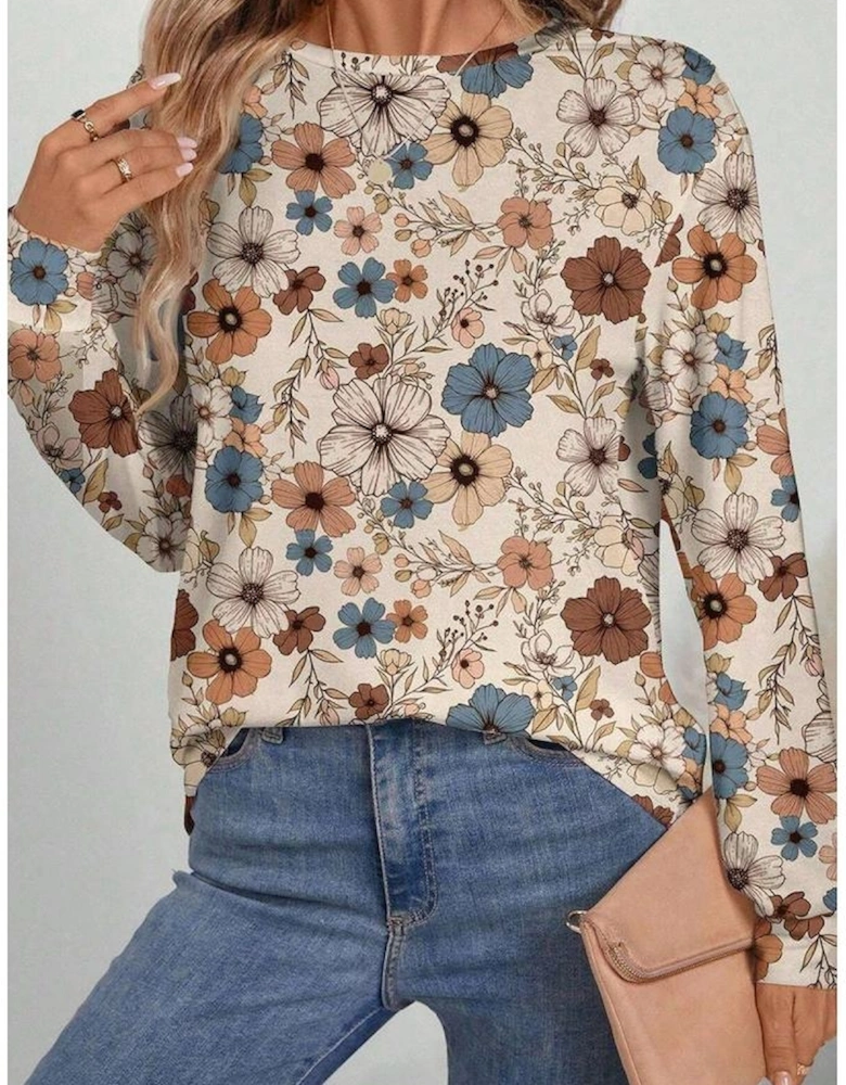Khaki Floral Print Loose Crew Neck Long Sleeve T Shirt