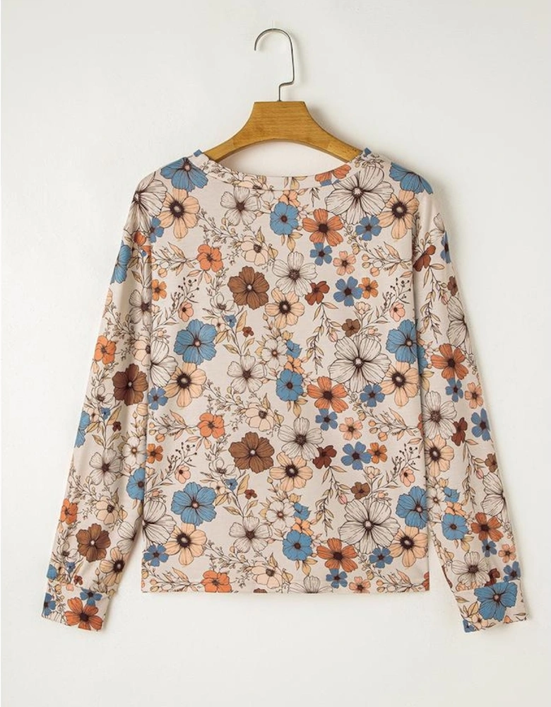 Khaki Floral Print Loose Crew Neck Long Sleeve T Shirt