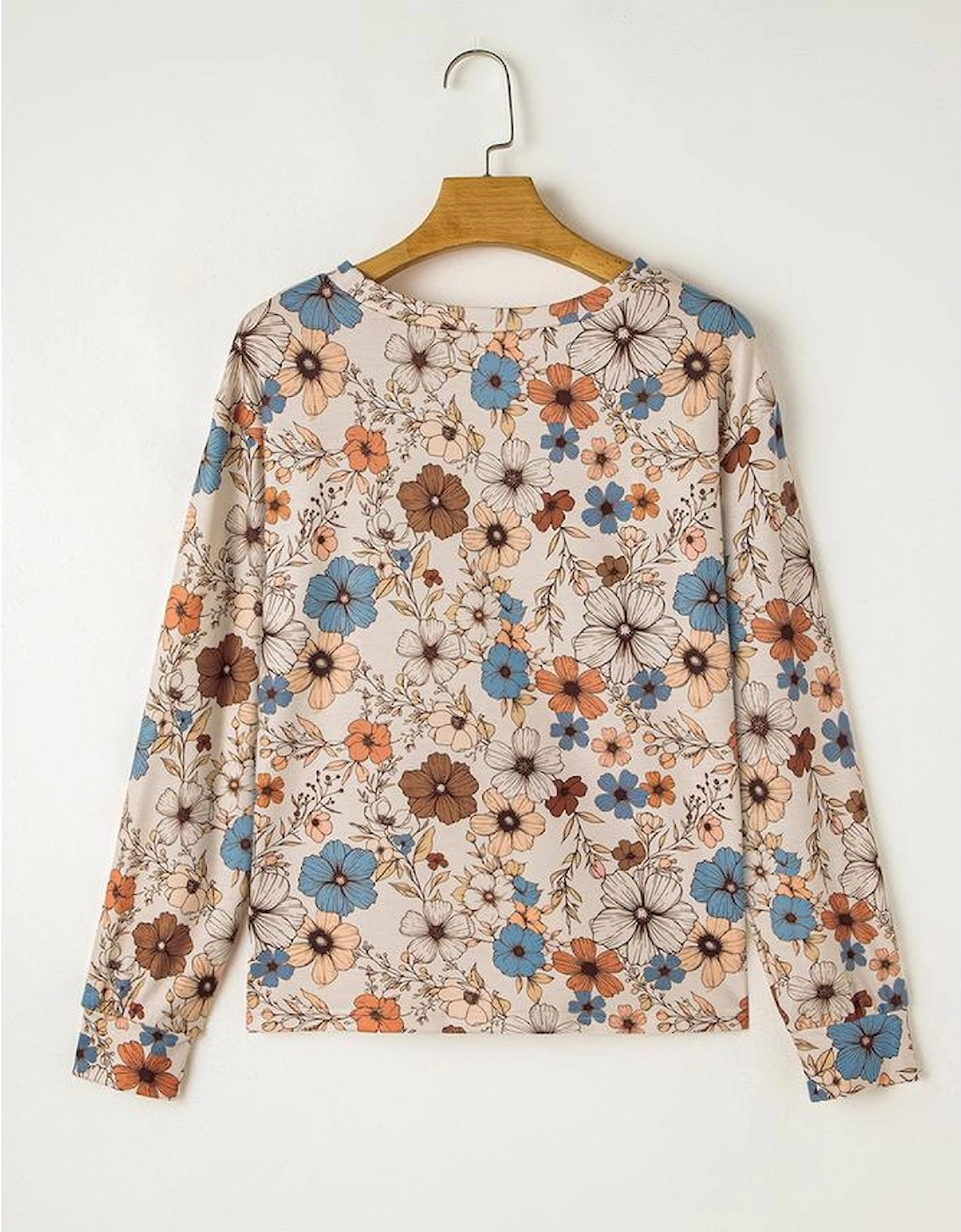 Khaki Floral Print Loose Crew Neck Long Sleeve T Shirt
