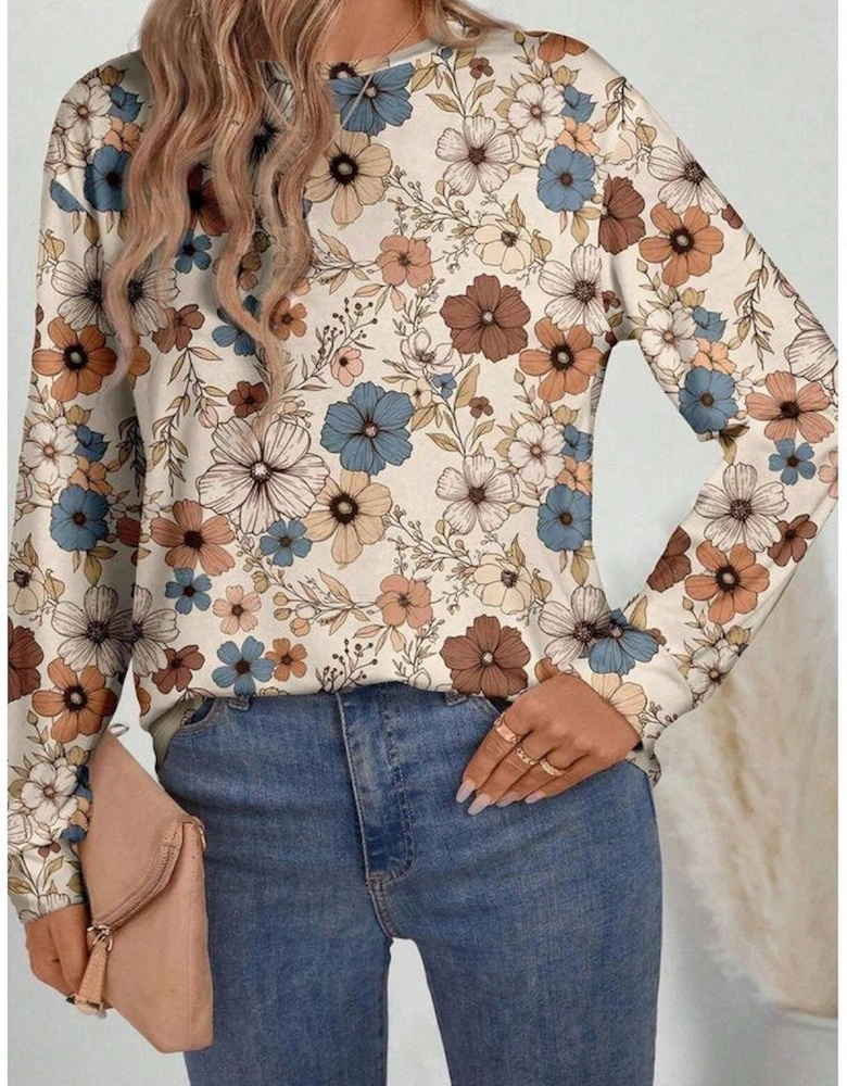 Khaki Floral Print Loose Crew Neck Long Sleeve T Shirt
