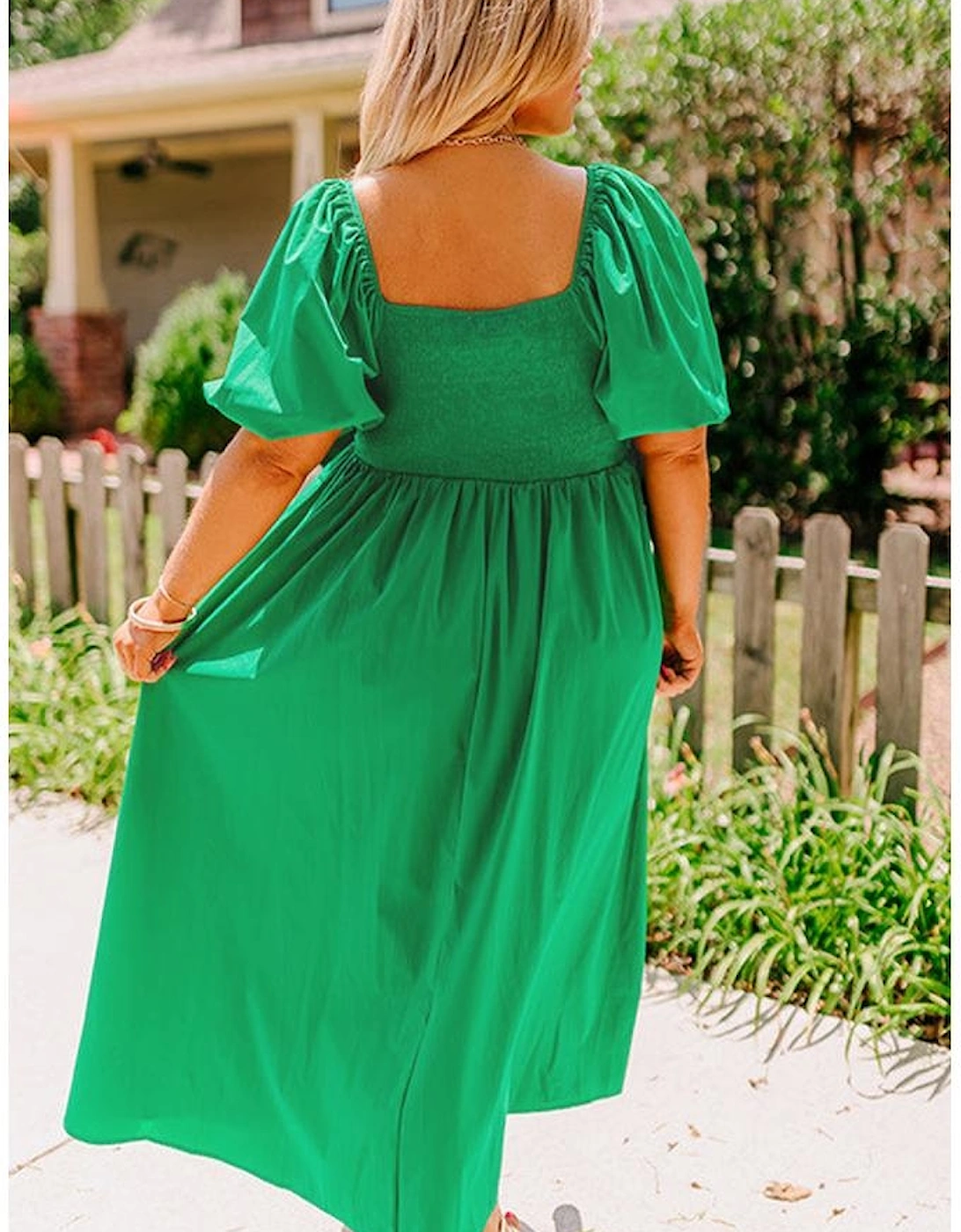 Bright Green Ruched Front Puff Sleeve Plus Size Long Dress, 15 of 14