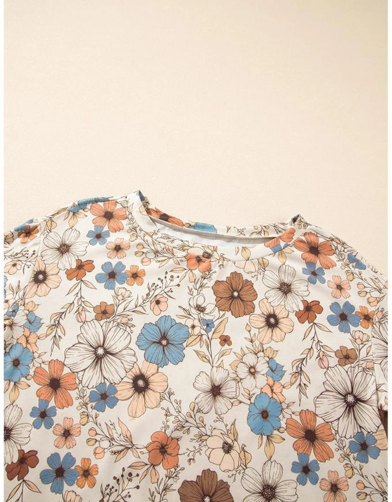 Khaki Floral Print Loose Crew Neck Long Sleeve T Shirt