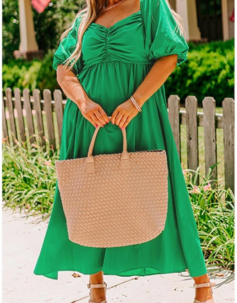 Bright Green Ruched Front Puff Sleeve Plus Size Long Dress