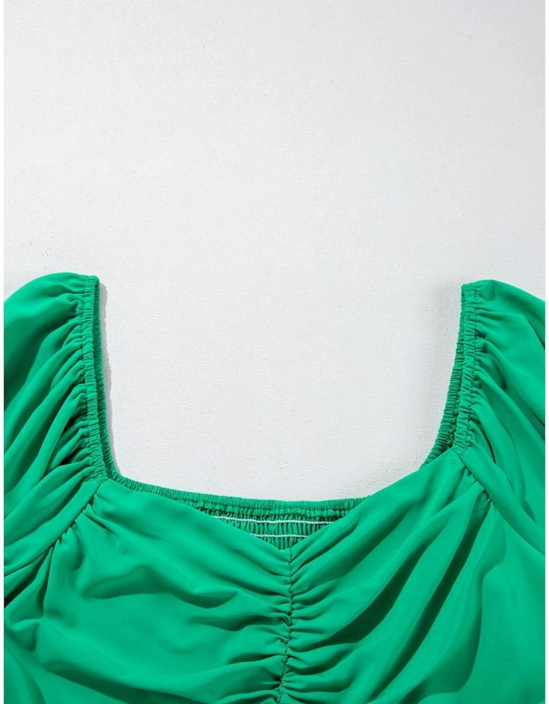 Bright Green Ruched Front Puff Sleeve Plus Size Long Dress