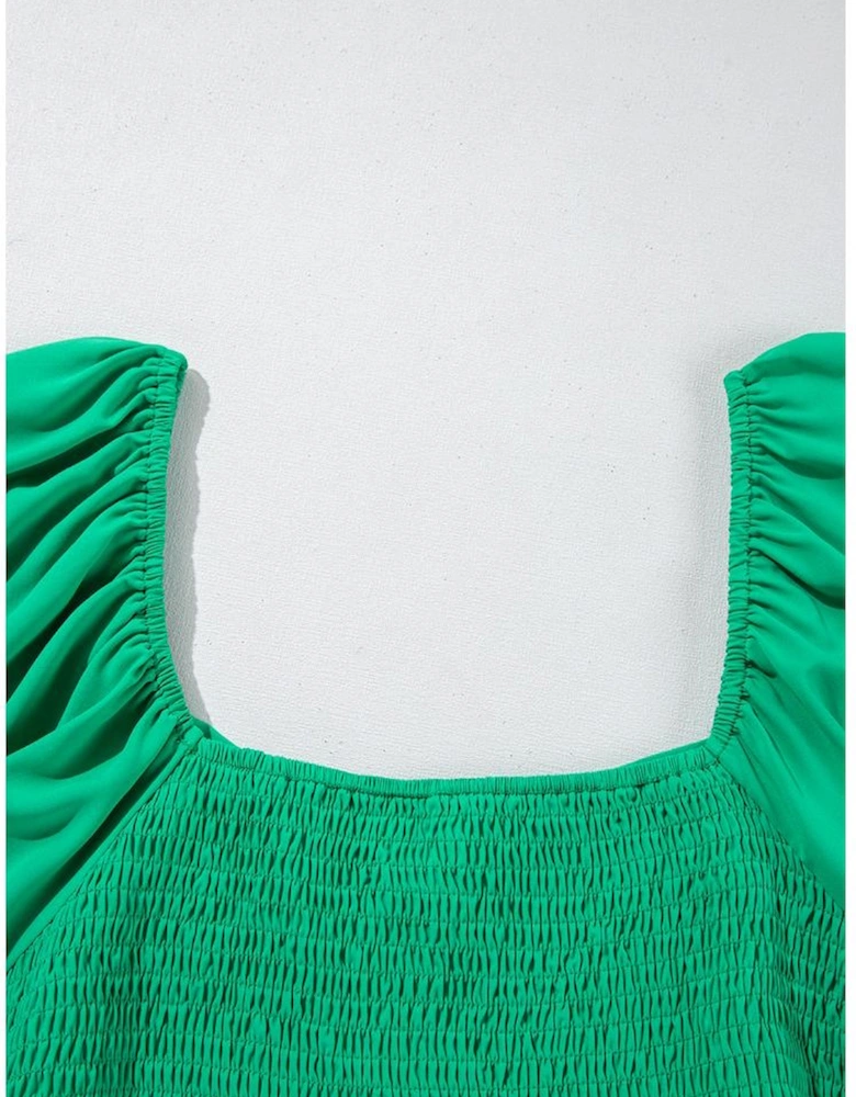 Bright Green Ruched Front Puff Sleeve Plus Size Long Dress