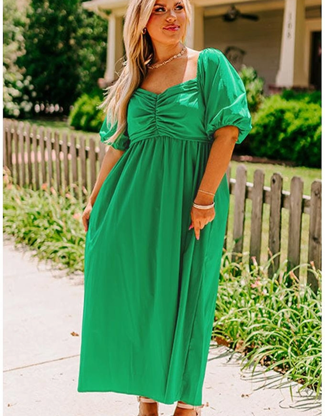 Bright Green Ruched Front Puff Sleeve Plus Size Long Dress
