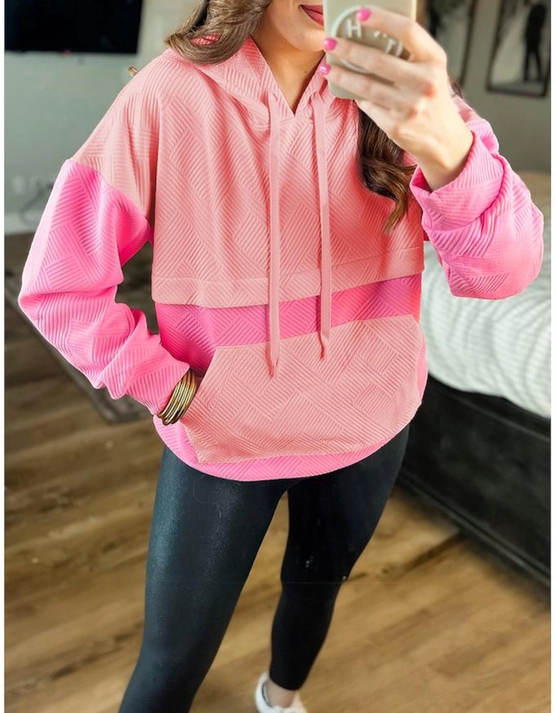 Pink Textured Color Block Kangaroo Pocket Drop Shoulder Hoodie