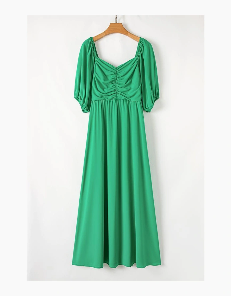 Bright Green Ruched Front Puff Sleeve Plus Size Long Dress