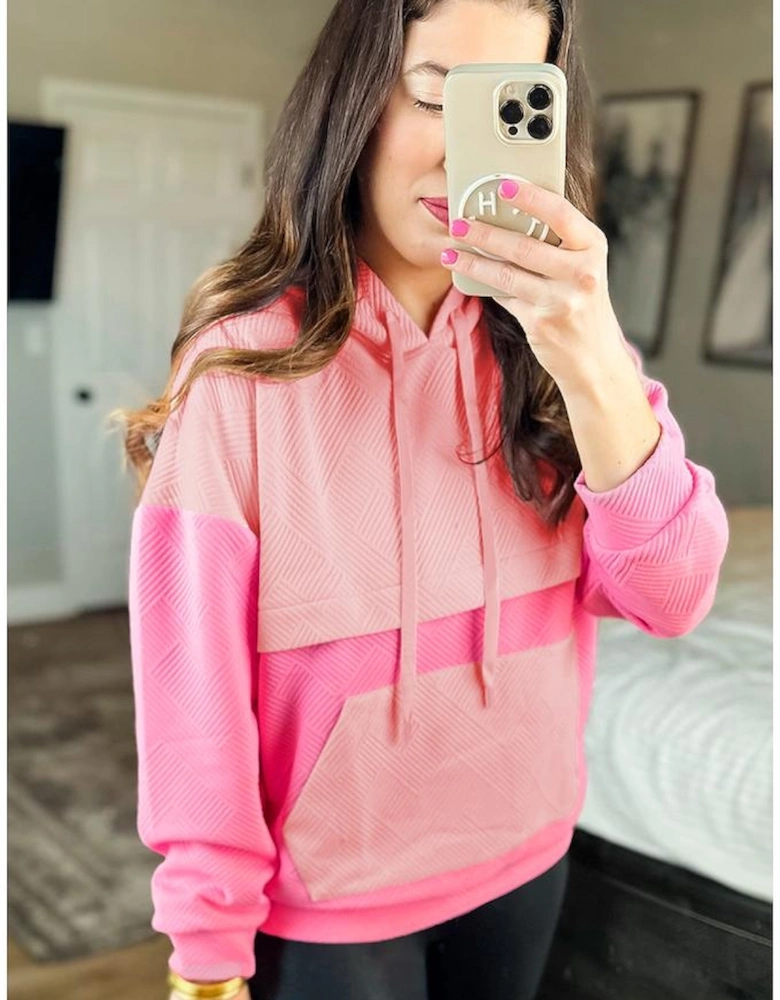 Pink Textured Color Block Kangaroo Pocket Drop Shoulder Hoodie