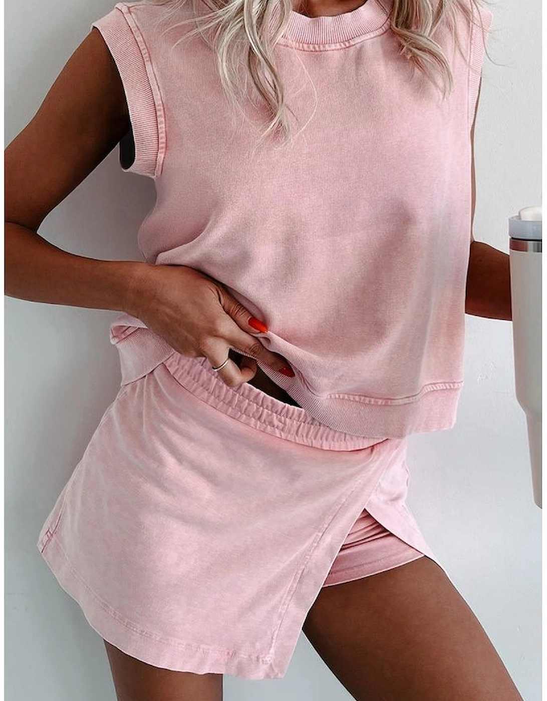 Light Pink 2 Pieces Mineral Wash Cotton Tank Top Lined Split Skirt Set