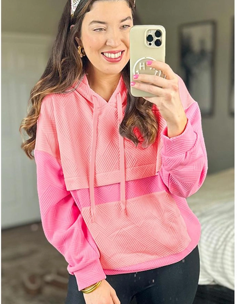 Pink Textured Color Block Kangaroo Pocket Drop Shoulder Hoodie