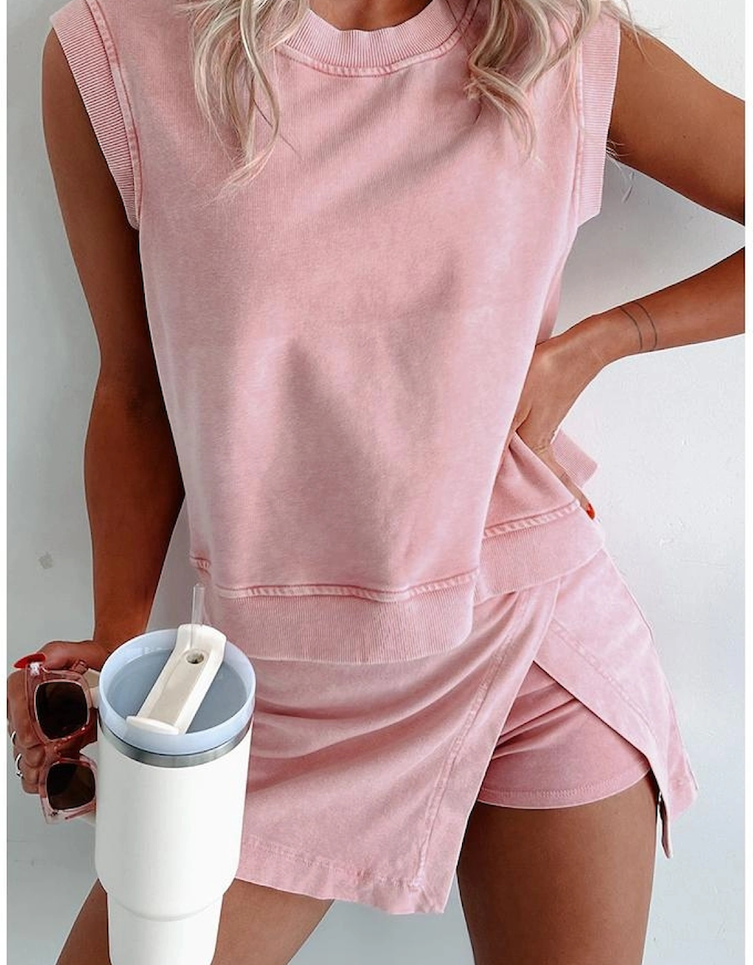 Light Pink 2 Pieces Mineral Wash Cotton Tank Top Lined Split Skirt Set