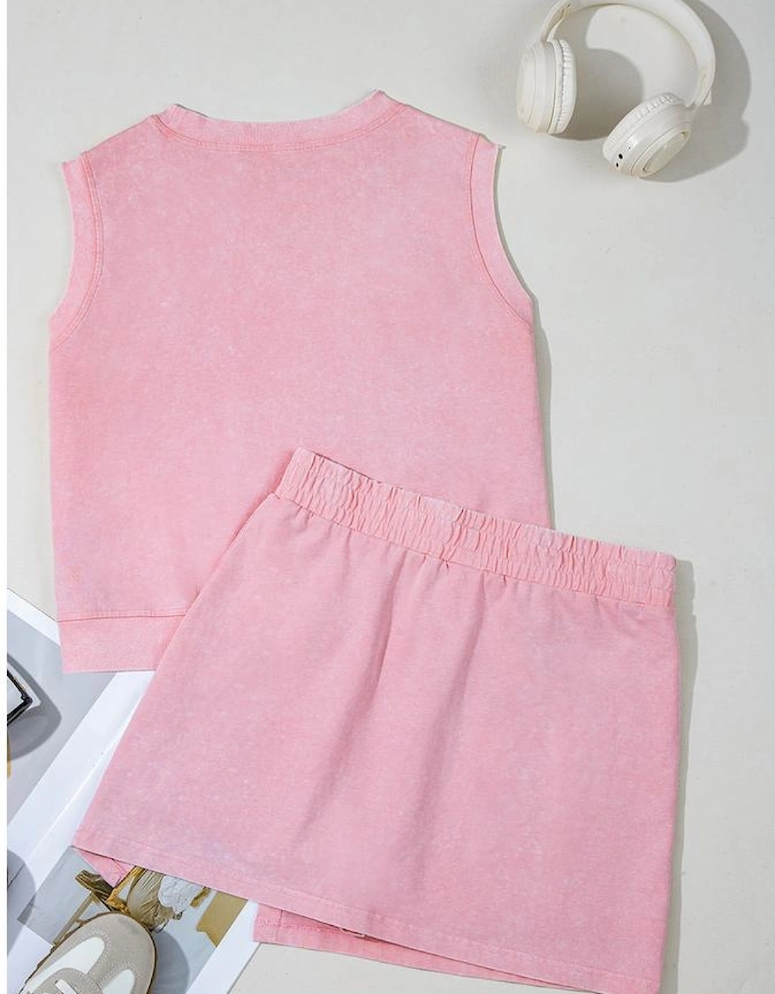 Light Pink 2 Pieces Mineral Wash Cotton Tank Top Lined Split Skirt Set