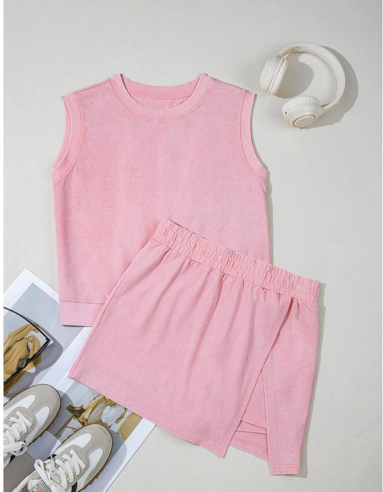 Light Pink 2 Pieces Mineral Wash Cotton Tank Top Lined Split Skirt Set