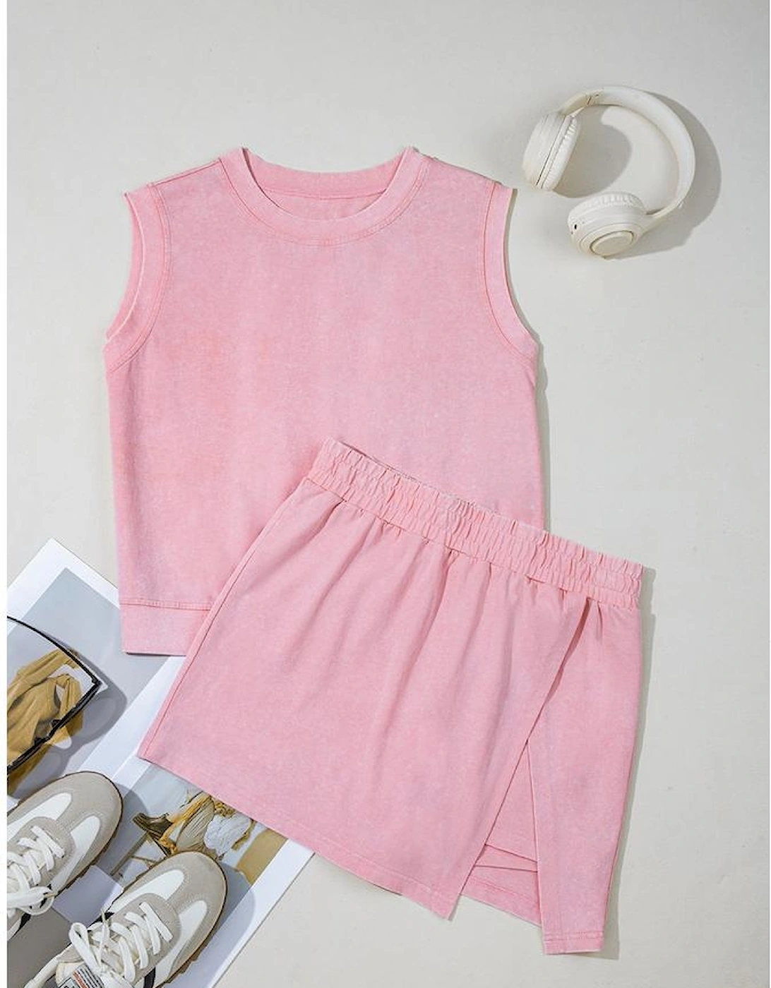 Light Pink 2 Pieces Mineral Wash Cotton Tank Top Lined Split Skirt Set